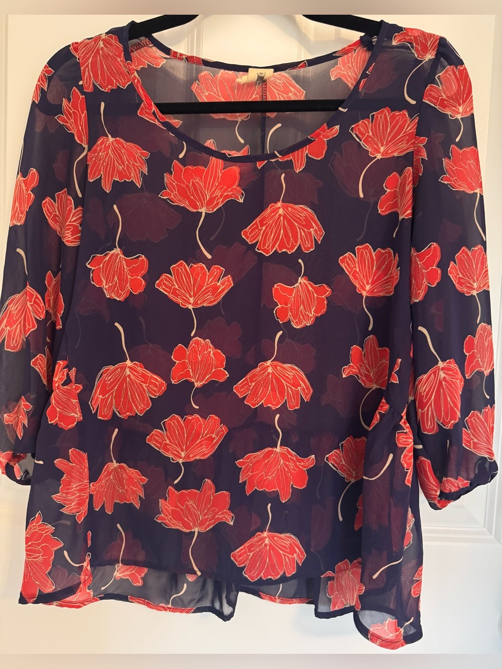 Needle & Thread Sheer Floral Blouse Navy Red Semi Sheer Top XS/S